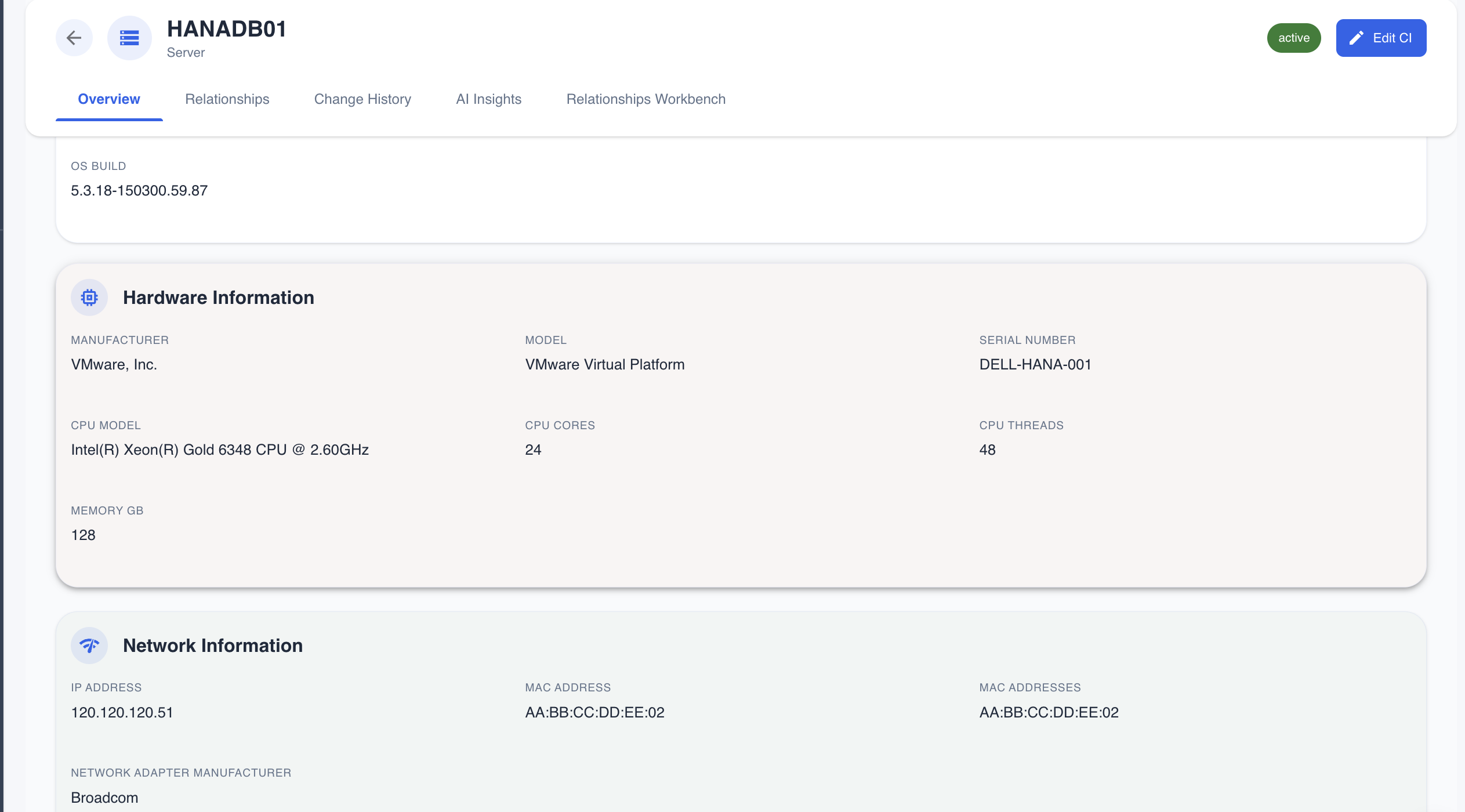 HANADB01 Server Details